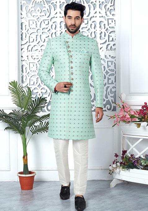 Green Embroidered Silk Indo Western Sherwani Set For Men