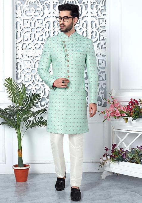 Green Embroidered Silk Indo Western Sherwani Set For Men