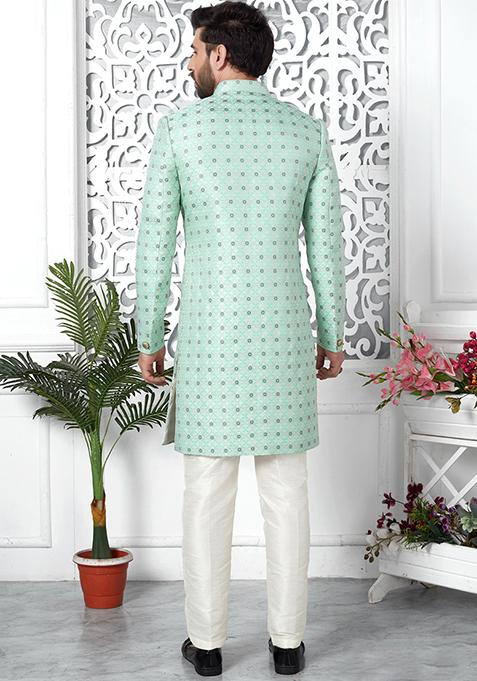 Green Embroidered Silk Indo Western Sherwani Set For Men