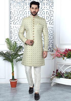 Pista Green Embroidered Silk Indo Western Sherwani Set For Men