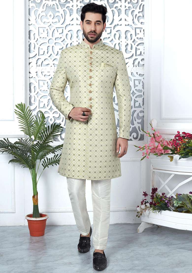 Pista Green Embroidered Silk Blend Indo Western Sherwani Set For Men - Indya