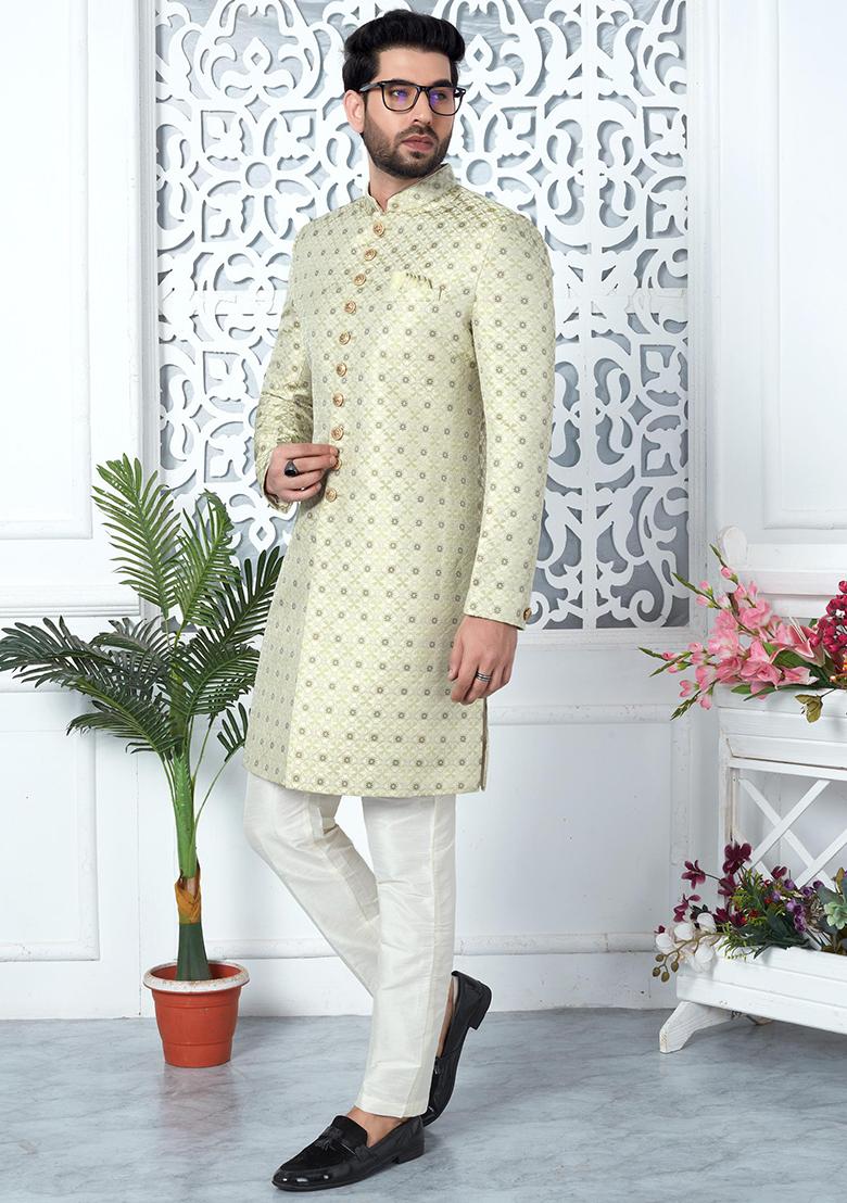 Pista Green Embroidered Silk Indo Western Sherwani Set For Men