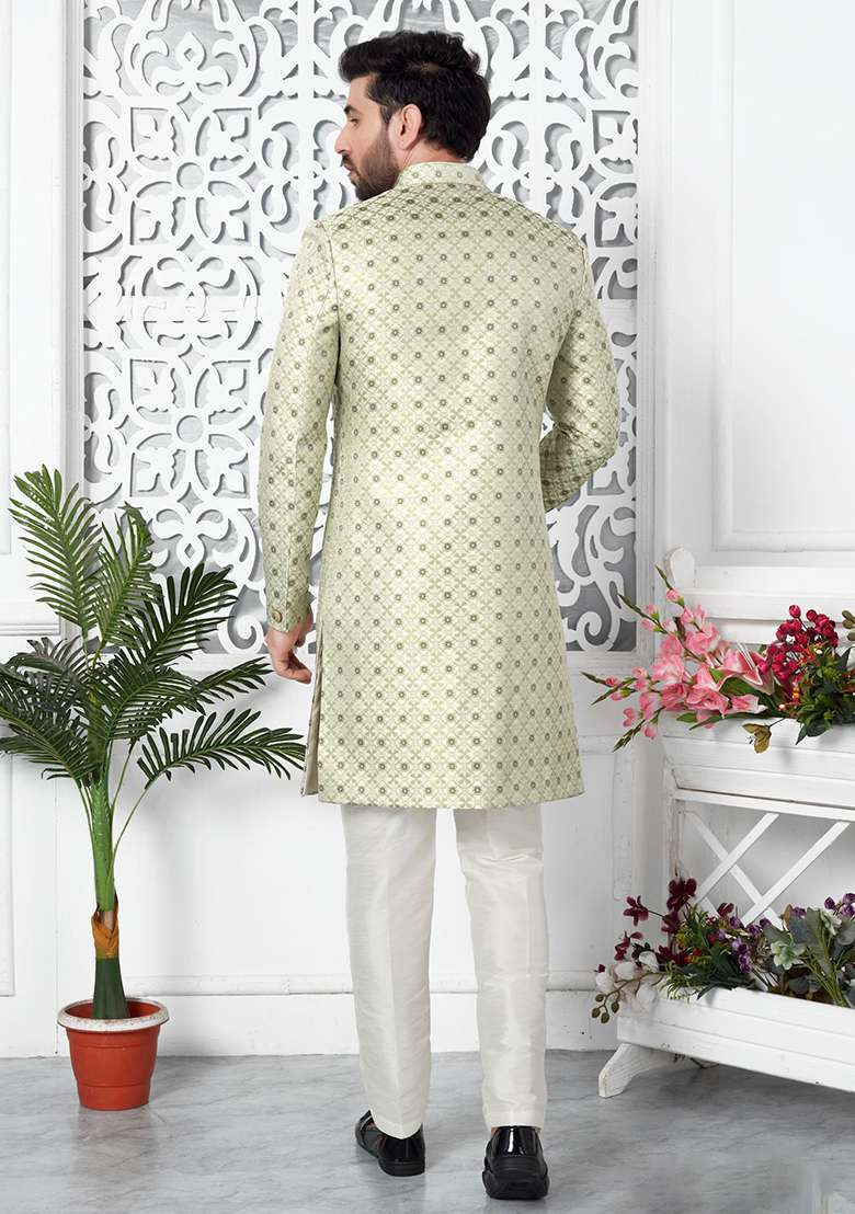 Pista Green Embroidered Silk Blend Indo Western Sherwani Set For Men - Indya
