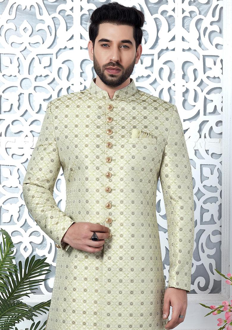Pista Green Embroidered Silk Indo Western Sherwani Set For Men