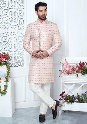 Pink Embroidered Silk Indo Western Sherwani Set For Men