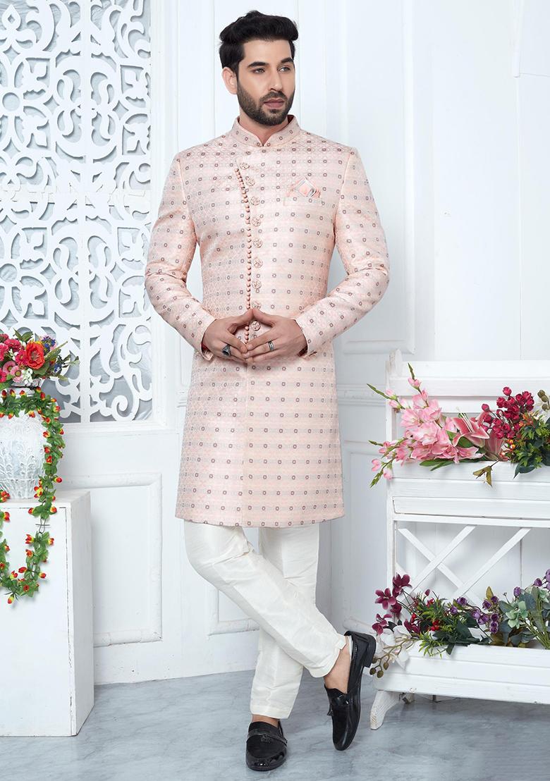 Pink Embroidered Silk Indo Western Sherwani Set For Men
