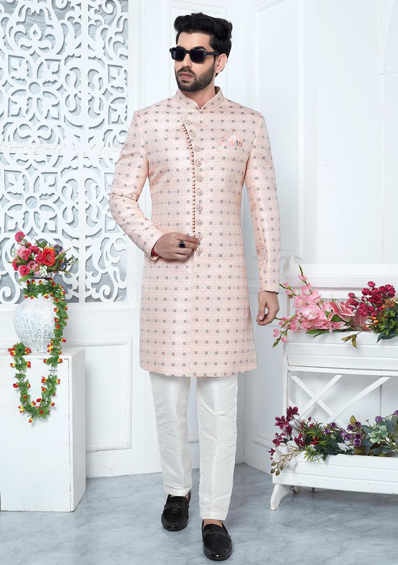 Pink Embroidered Silk Indo Western Sherwani Set For Men