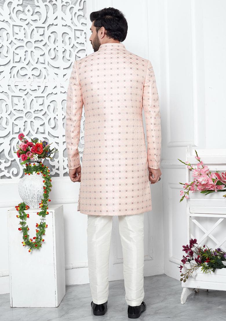 Pink Embroidered Silk Indo Western Sherwani Set For Men