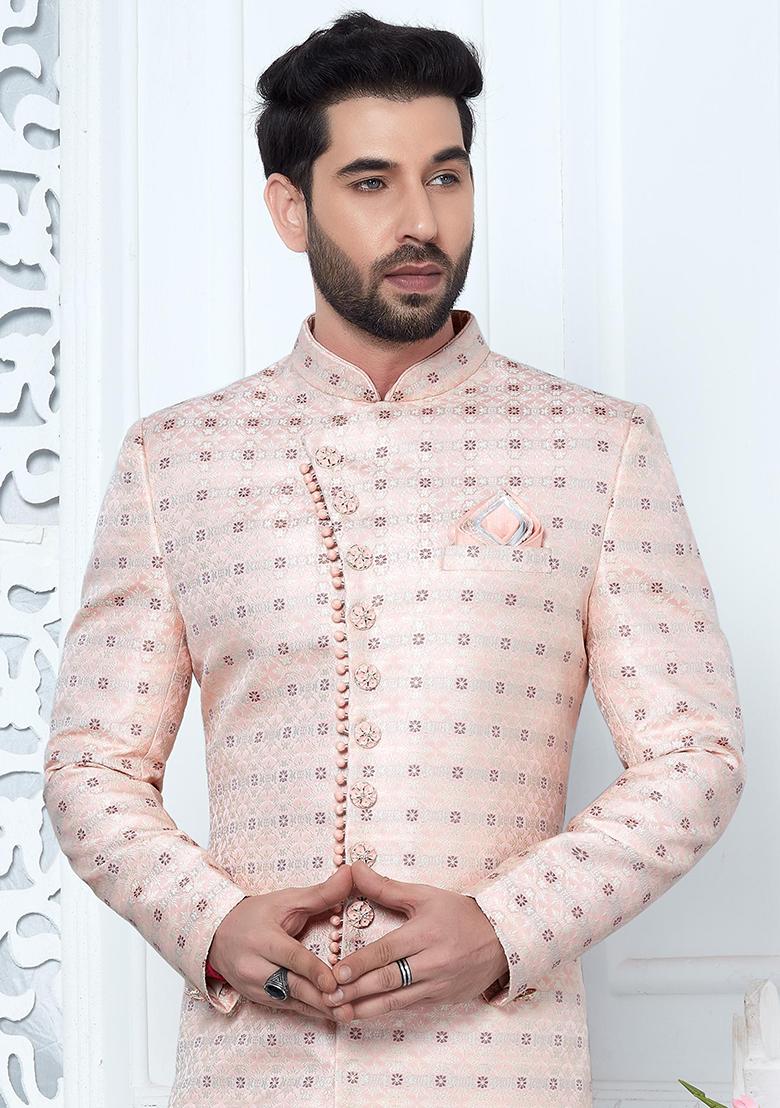 Pink Embroidered Silk Indo Western Sherwani Set For Men