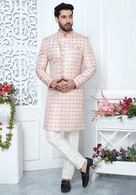 Pink Embroidered Silk Indo Western Sherwani Set For Men