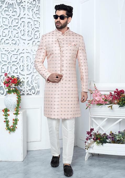 Pink Embroidered Silk Indo Western Sherwani Set For Men