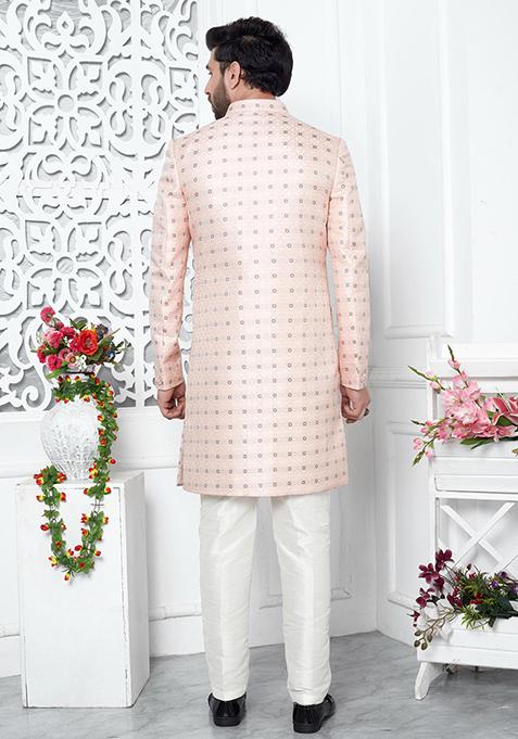 Pink Embroidered Silk Indo Western Sherwani Set For Men