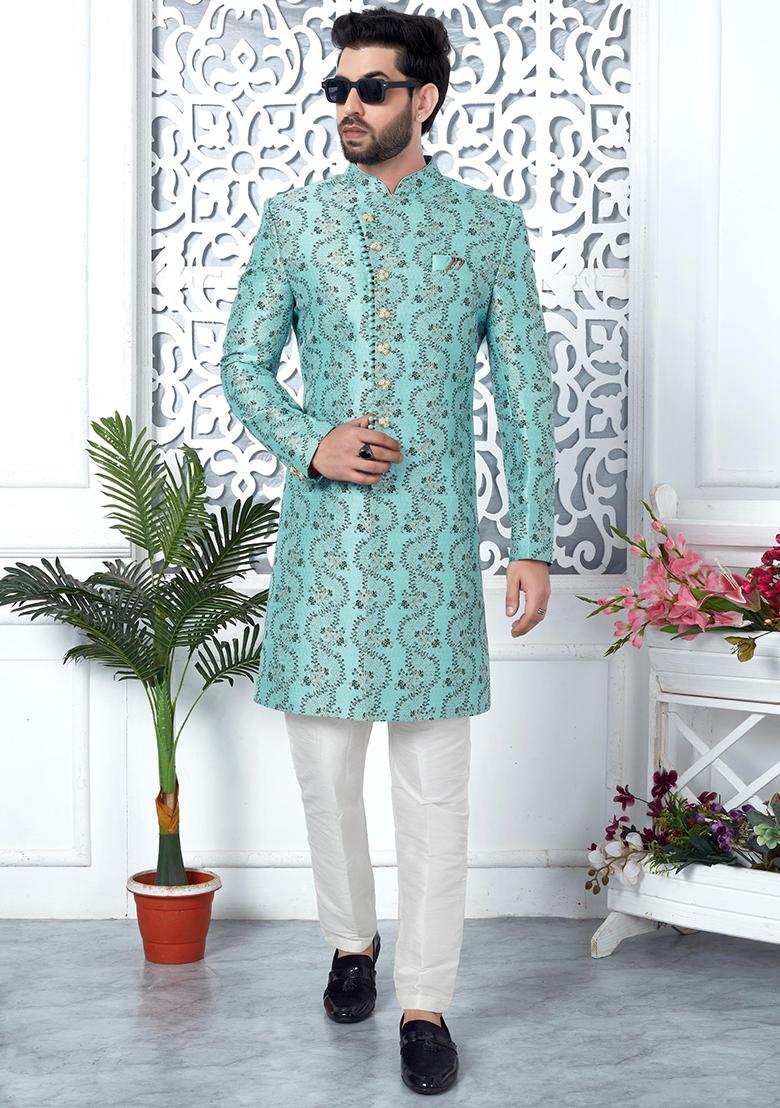 Firozi Blue Embroidered Silk Indo Western Sherwani Set For Men