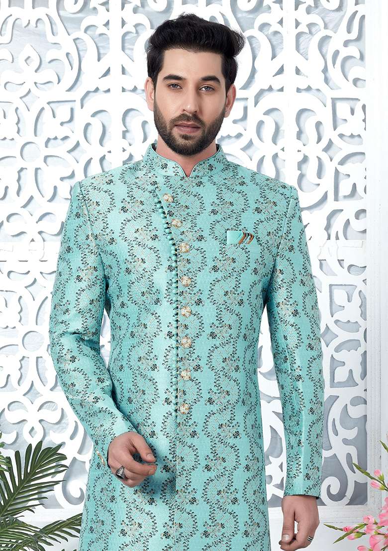 Firozi Blue Embroidered Silk Indo Western Sherwani Set For Men - Indya