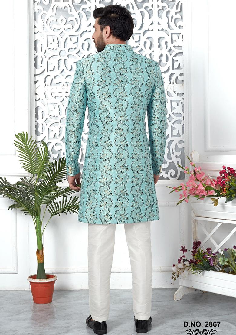 Firozi Blue Embroidered Silk Indo Western Sherwani Set For Men