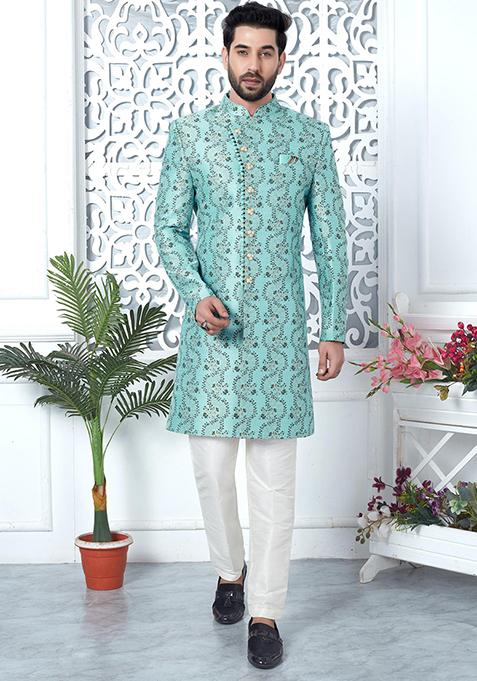 Firozi Blue Embroidered Silk Indo Western Sherwani Set For Men — view on Indya