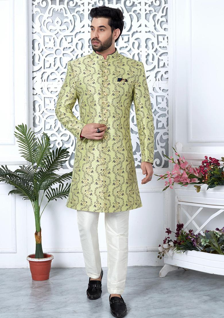 Green Embroidered Silk Indo Western Sherwani Set For Men