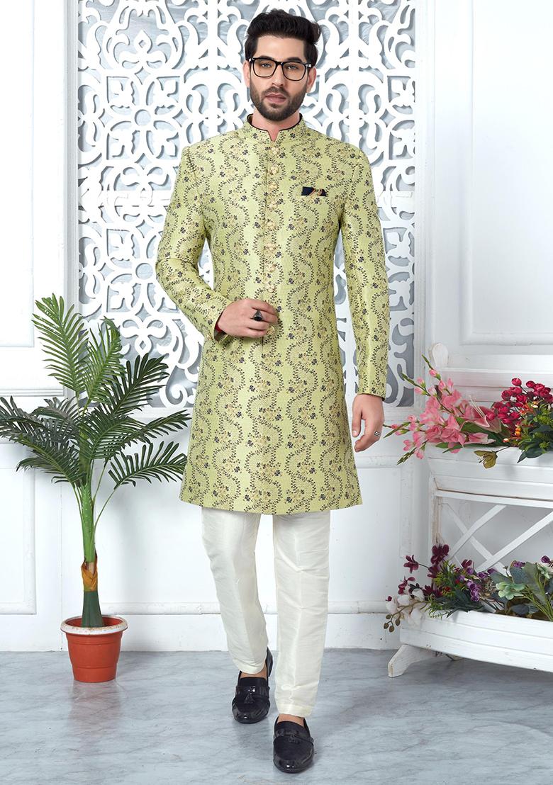 Green Embroidered Silk Indo Western Sherwani Set For Men