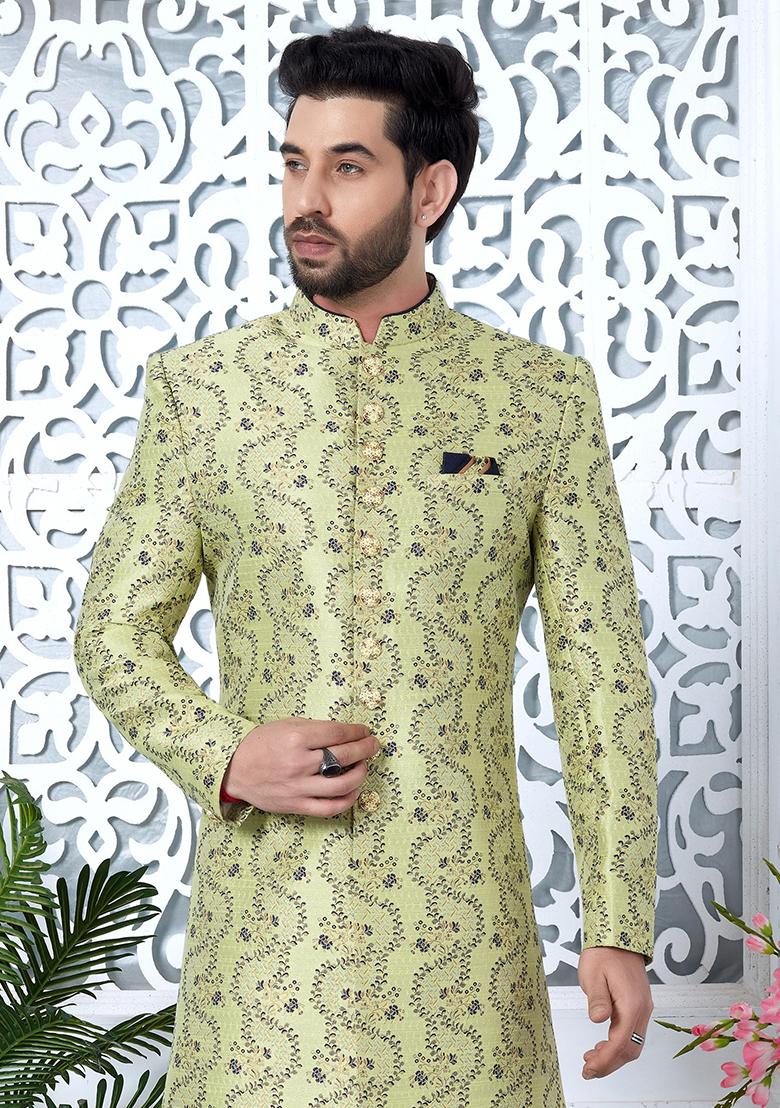 Green Embroidered Silk Indo Western Sherwani Set For Men