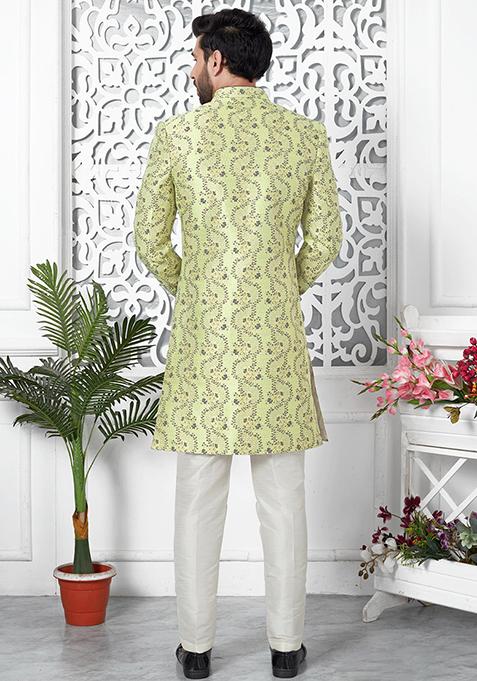 Green Embroidered Silk Indo Western Sherwani Set For Men
