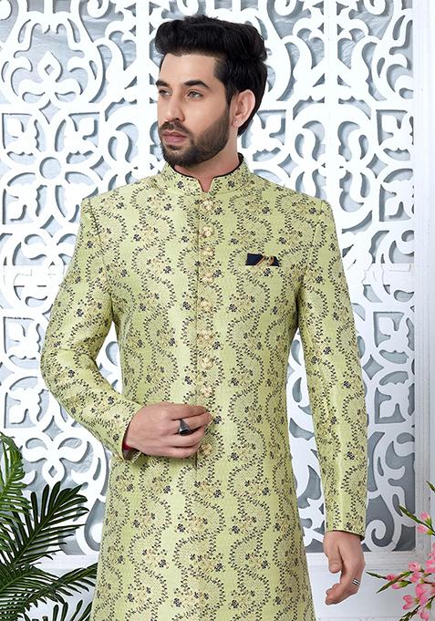 Green Embroidered Silk Indo Western Sherwani Set For Men