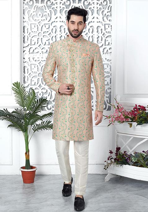 Peach Embroidered Silk Indo Western Sherwani Set For Men — view on Indya