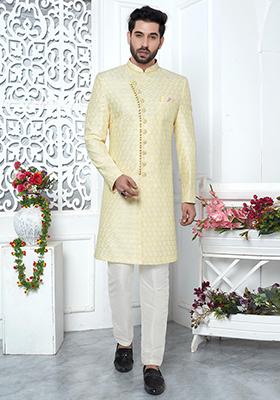 Yellow Embroidered Silk Indo Western Sherwani Set For Men
