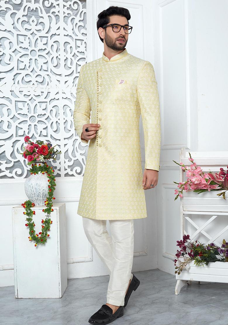 Yellow Embroidered Silk Indo Western Sherwani Set For Men