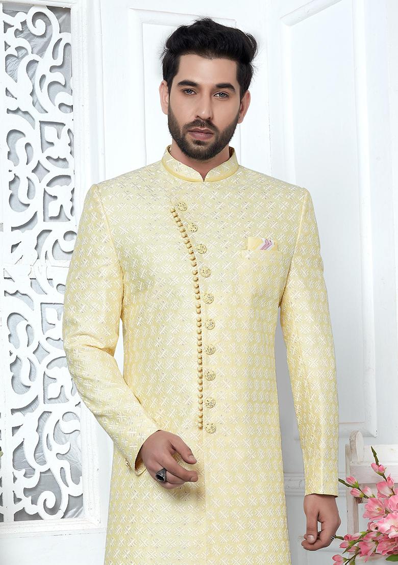 Yellow Embroidered Silk Indo Western Sherwani Set For Men