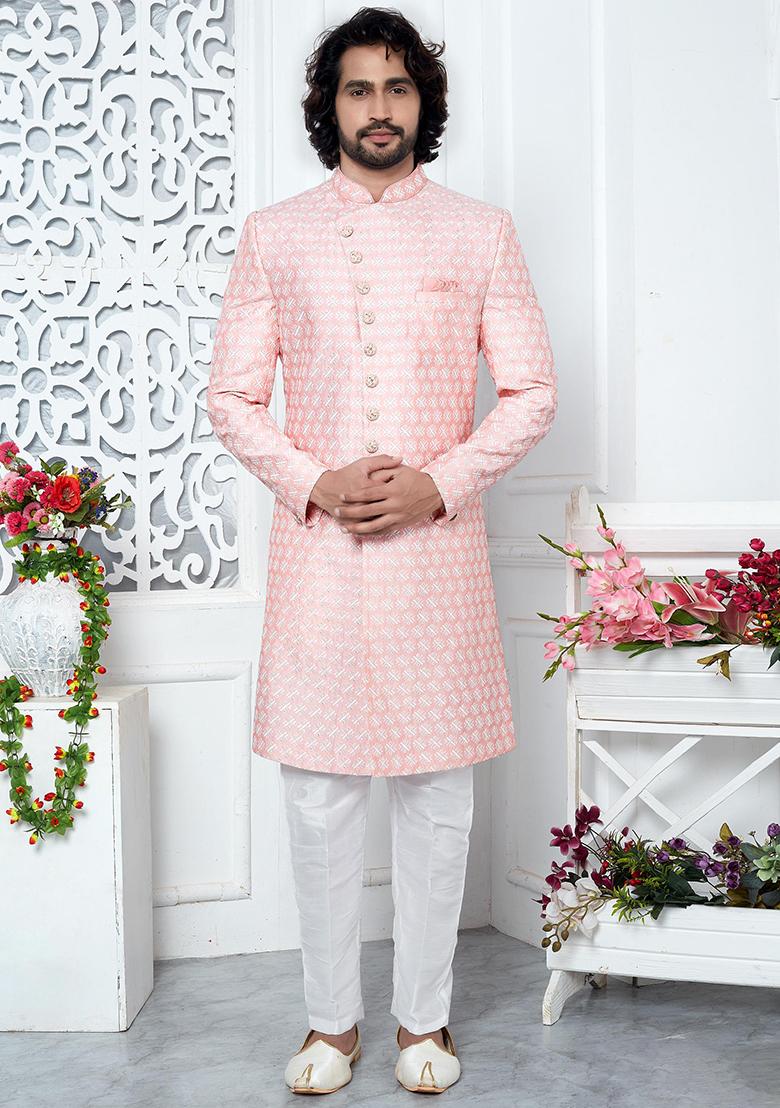 Pink Embroidered Silk Indo Western Sherwani Set For Men
