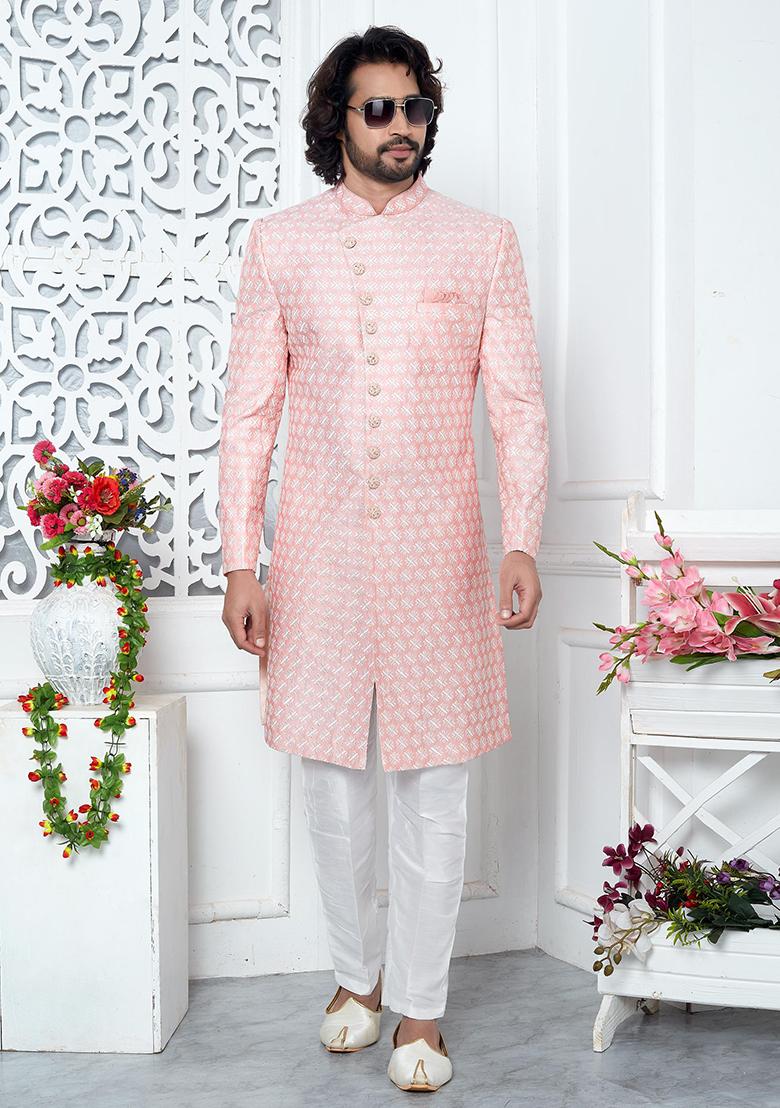 Pink Embroidered Silk Indo Western Sherwani Set For Men