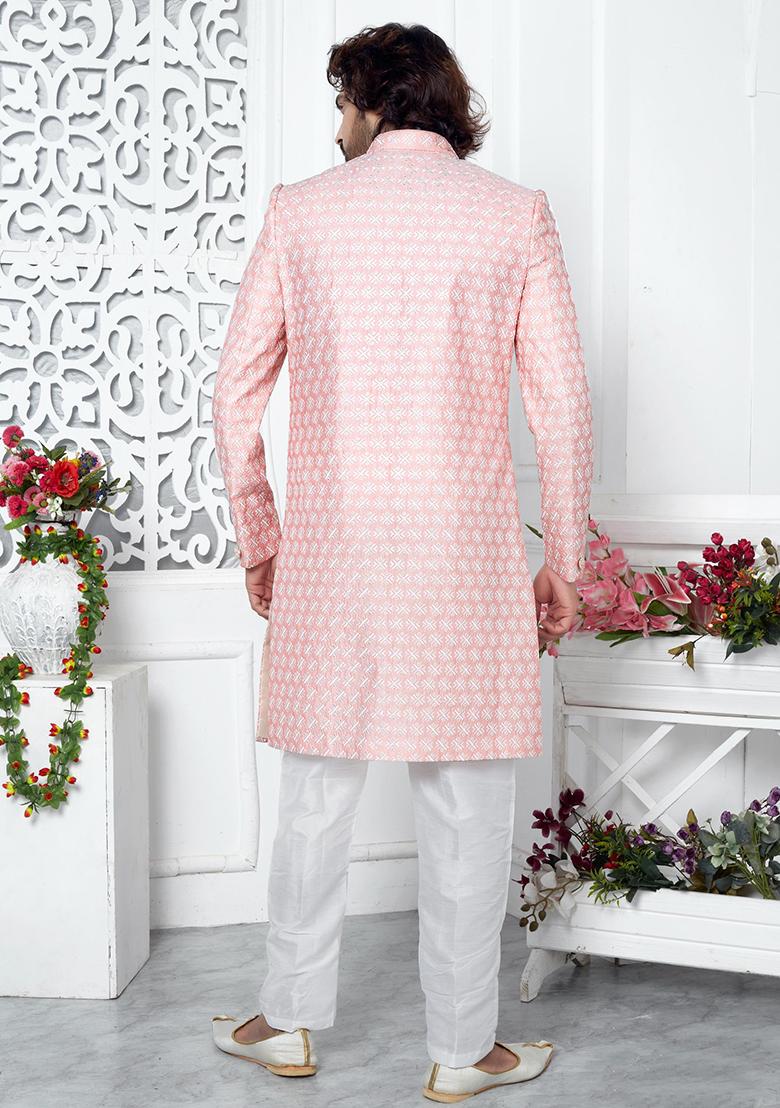 Pink Embroidered Silk Indo Western Sherwani Set For Men
