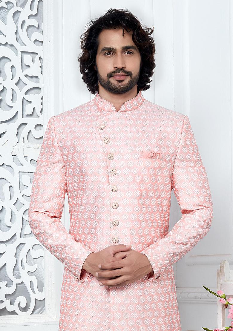 Pink Embroidered Silk Indo Western Sherwani Set For Men