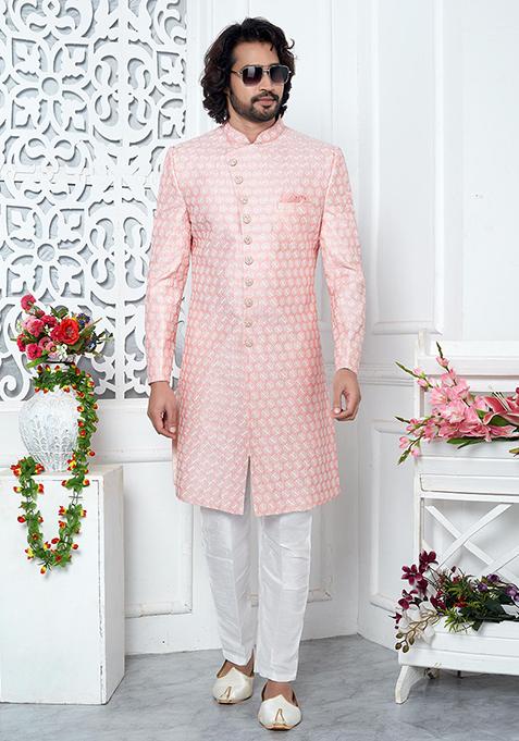 Pink Embroidered Silk Indo Western Sherwani Set For Men