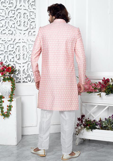 Pink Embroidered Silk Indo Western Sherwani Set For Men