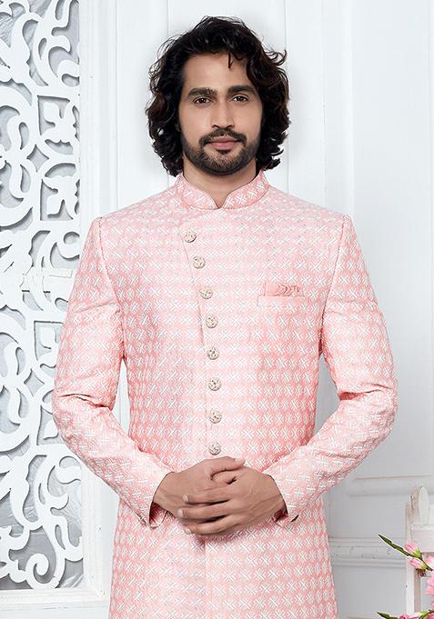 Pink Embroidered Silk Indo Western Sherwani Set For Men