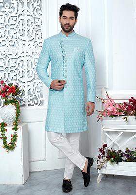 Blue Embroidered Silk Indo Western Sherwani Set For Men