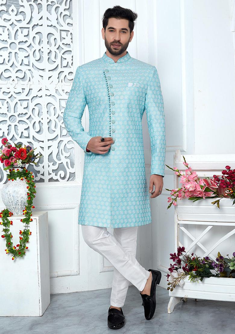 Blue Embroidered Silk Indo Western Sherwani Set For Men