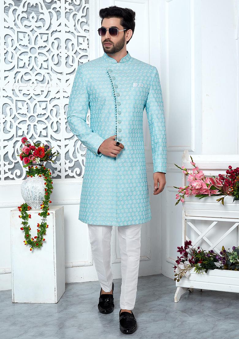 Blue Embroidered Silk Indo Western Sherwani Set For Men