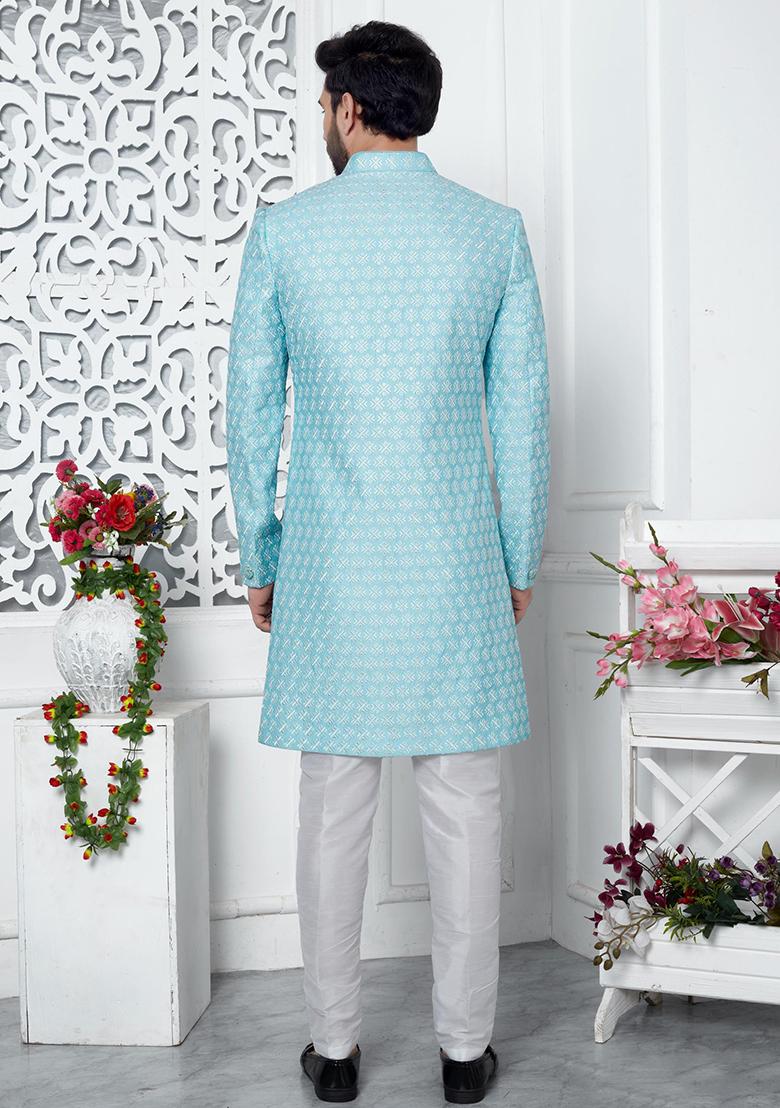Blue Embroidered Silk Indo Western Sherwani Set For Men