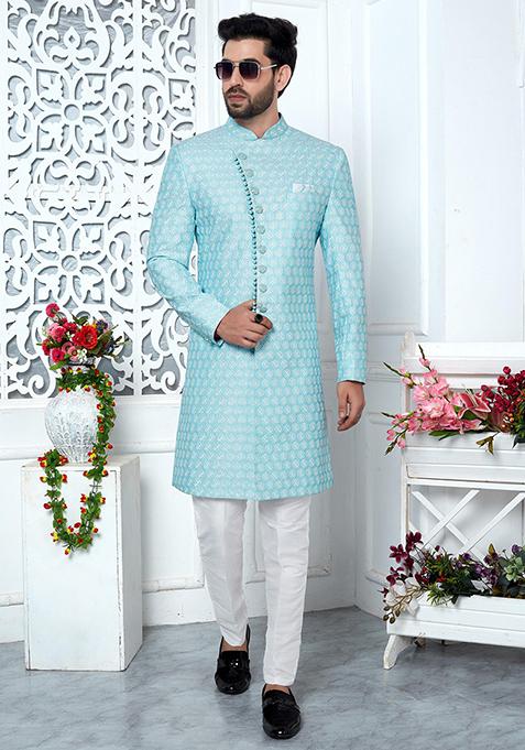 Blue Embroidered Silk Indo Western Sherwani Set For Men
