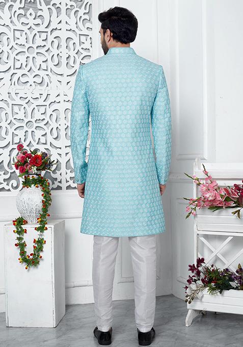 Blue Embroidered Silk Indo Western Sherwani Set For Men