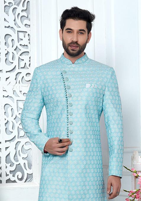 Blue Embroidered Silk Indo Western Sherwani Set For Men