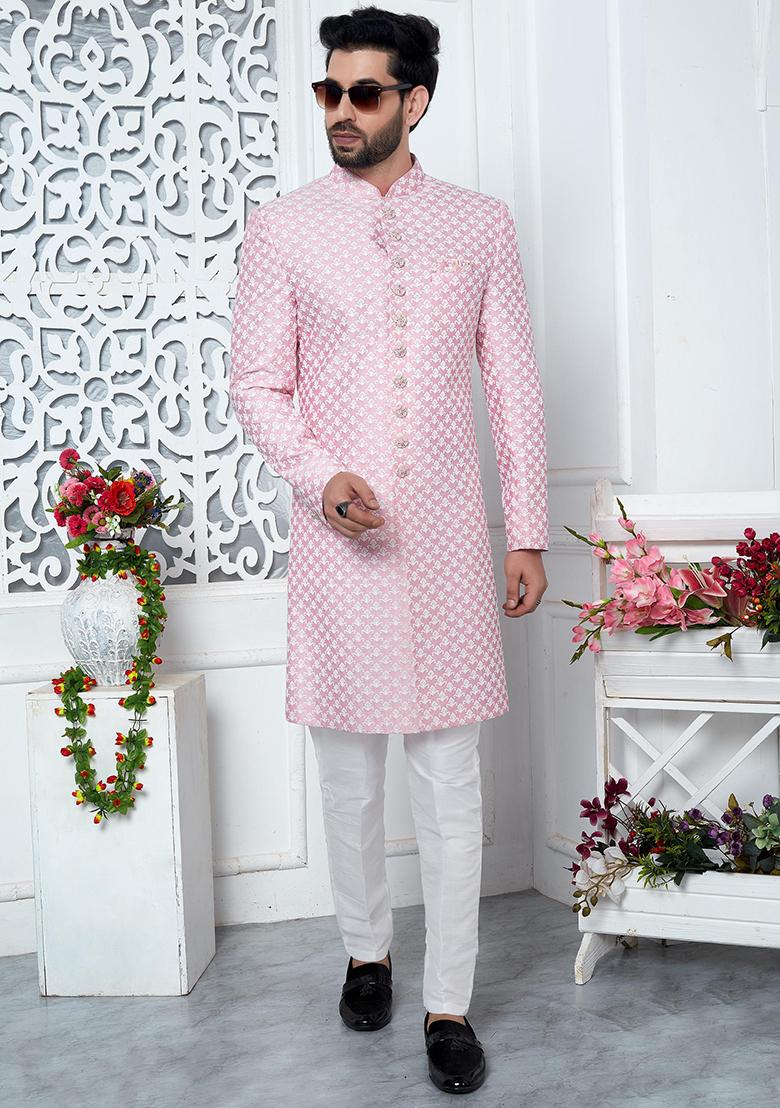 Pink Embroidered Silk Indo Western Sherwani Set For Men