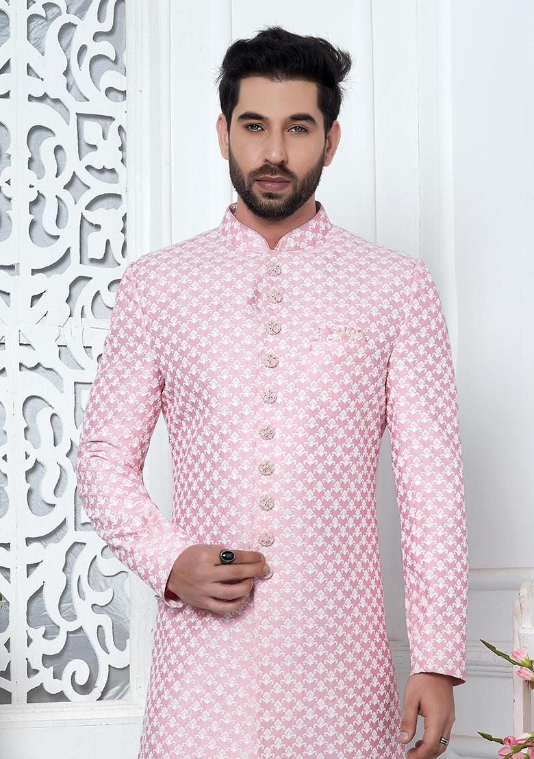 Pink Embroidered Silk Indo Western Sherwani Set For Men