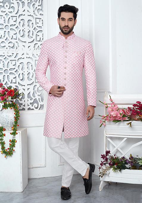 Pink Embroidered Silk Indo Western Sherwani Set For Men