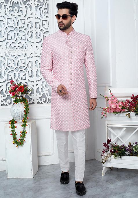 Pink Embroidered Silk Indo Western Sherwani Set For Men