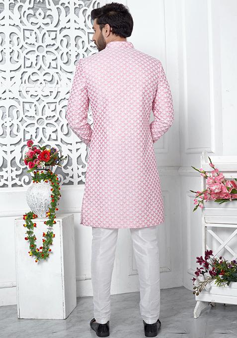 Pink Embroidered Silk Indo Western Sherwani Set For Men