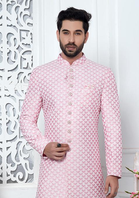 Pink Embroidered Silk Indo Western Sherwani Set For Men