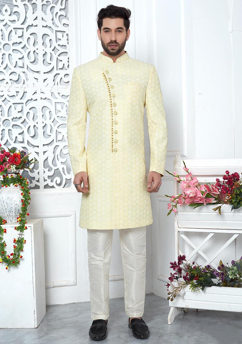 Yellow Embroidered Silk Indo Western Sherwani Set For Men